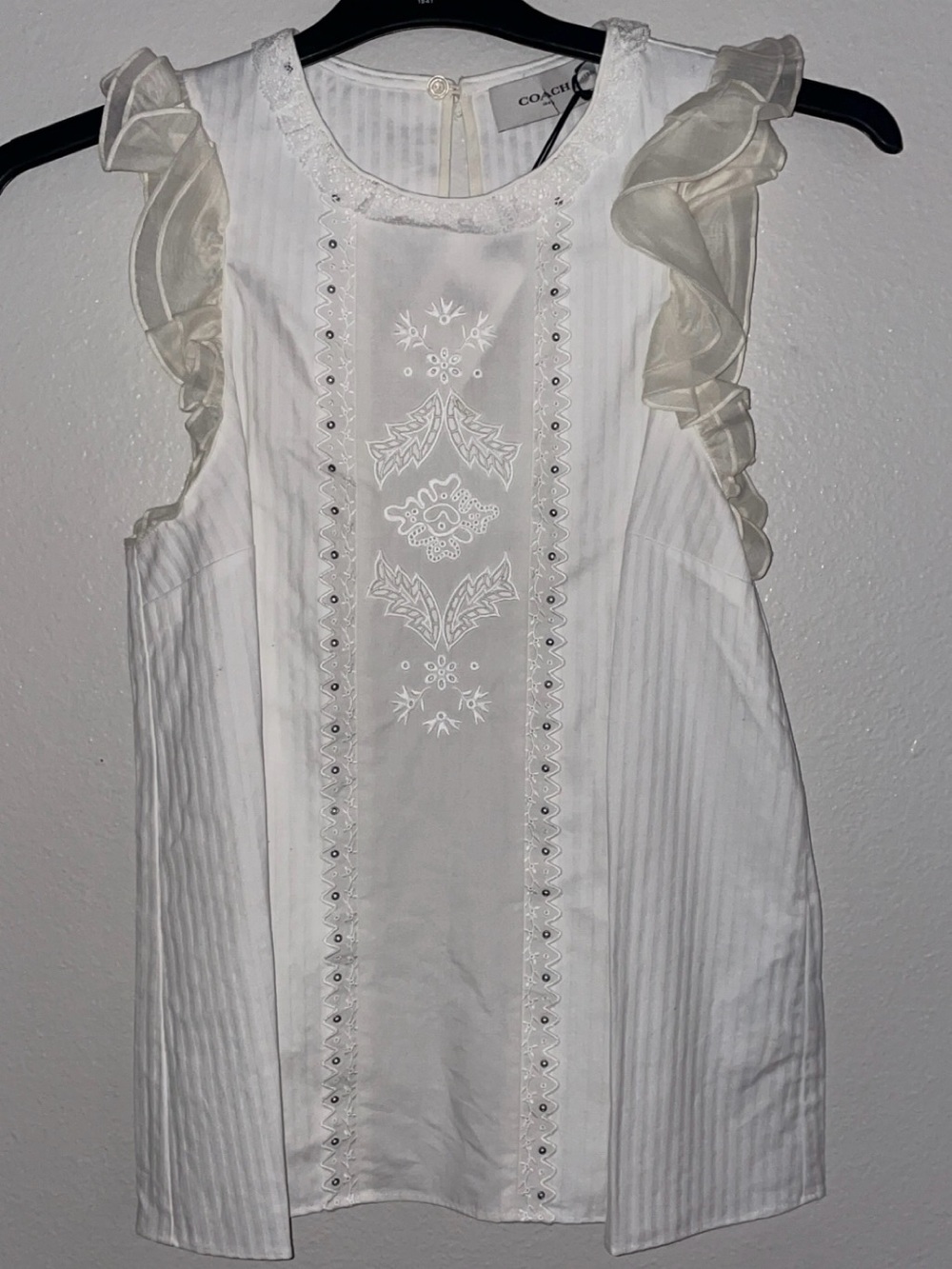Coach Cream & White Embroidered Ruffle Sleeve Top